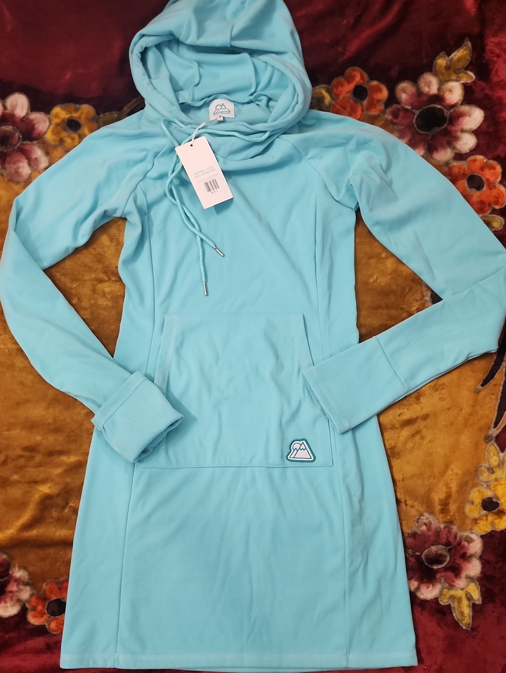 Wild Woods 🌲🌲🌲 Fleece Aqua Hooded Pullover Dress with Kangaroo Pocket
